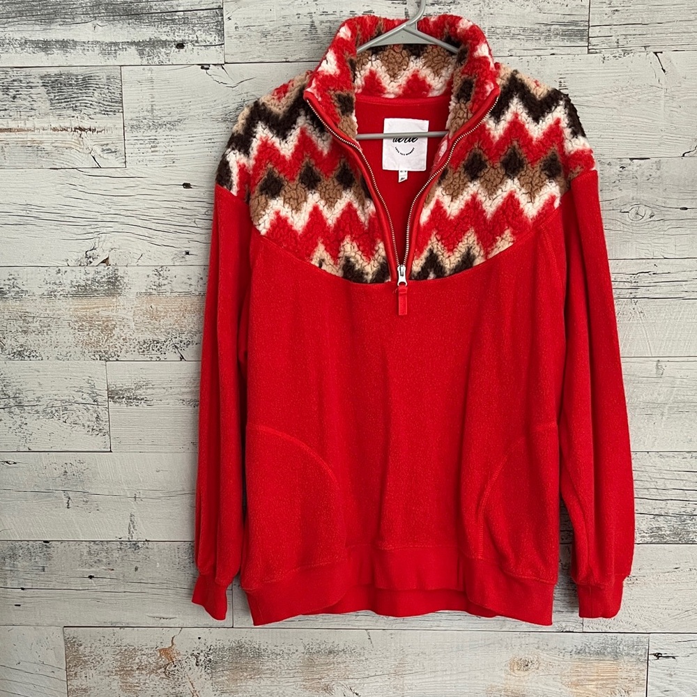Aerie Red and Multicolor Quarter Zip Up Sweater